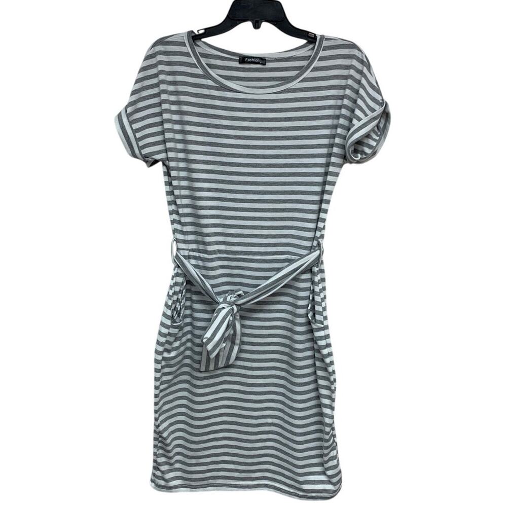 Fashion Womens Medium Striped Short Sleeve Tie Belt Tee Shirt Dress w Pockets